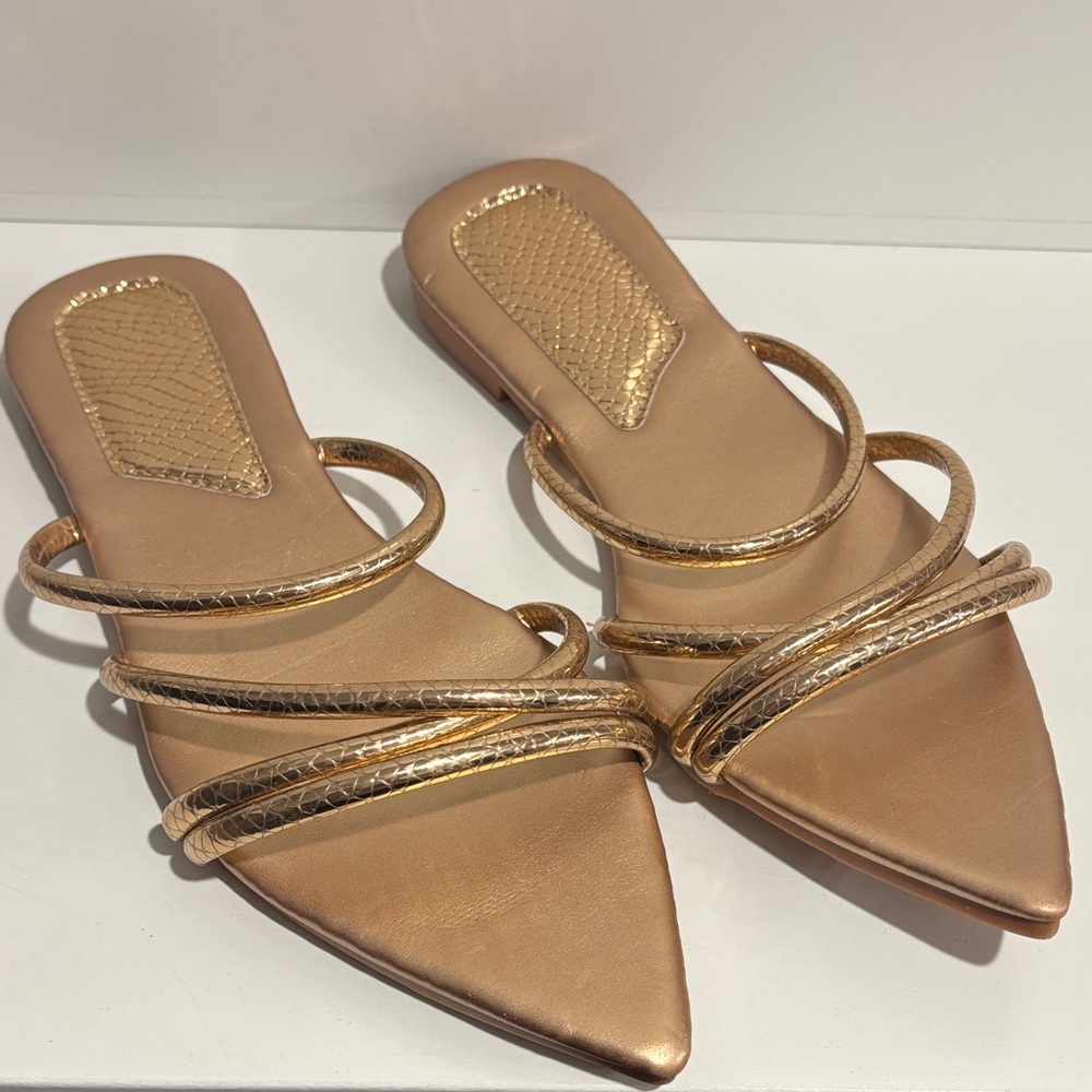 Metallic Gold Pointed-Toe Strappy Slide Mules